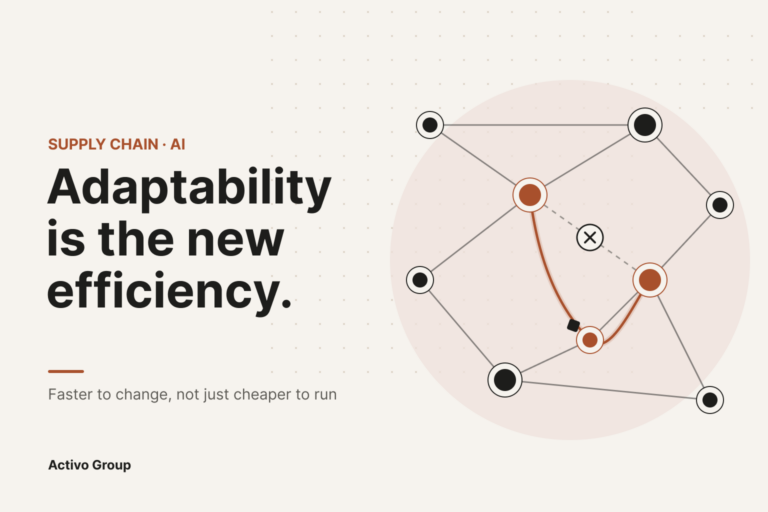 Supply chain network where an AI-rerouted path bypasses a blocked lane. Adaptability is the new efficiency.