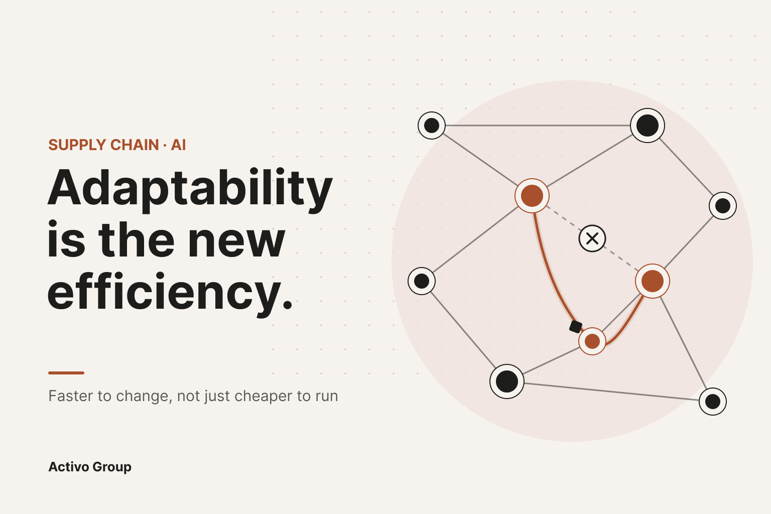 Supply chain network where an AI-rerouted path bypasses a blocked lane. Adaptability is the new efficiency.