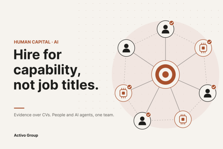 People and AI agents with verified-skill badges around a shared outcome. Hire for capability, not job titles.